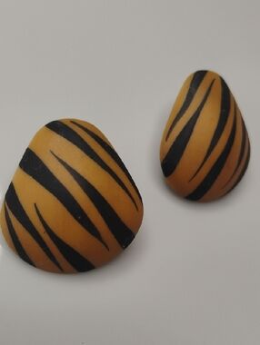 Tiger Stripe Orange Black Ceramic Pierced Earrings Handcrafted
